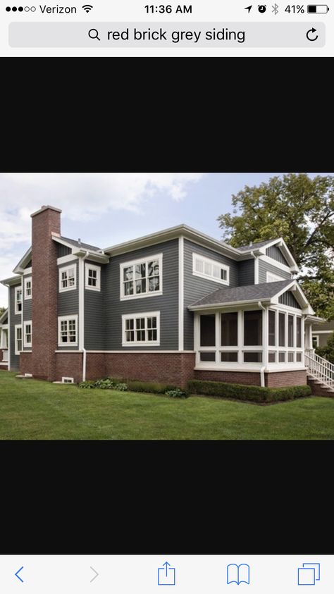 Red brick, grey siding, white trim, but of course with black accents- shutters, wrought iron etc Grey House White Trim, Craftsman Home Exterior, Red Brick House Exterior, Red Brick Exteriors, Outside House Colors, Grey Siding, White Shutters, White Exterior Houses, Ranch House Exterior