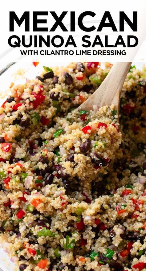 This healthy Mexican quinoa salad is vibrant and fresh – basically a party in your mouth. Loaded with quinoa, bell peppers, red onions, black beans, and tossed in a fresh cilantro lime dressing. The perfect make-ahead recipe for lunch or a lighter dinner. #quinoasalad #lunchideas #mexicanquinoasalad #dinnerideas #healthydinner #quinoarecipe Cilantro Lime Quinoa Salad, Quinoa Cilantro Salad, Mexican Salads For Parties, Quinoa Bell Peppers, Healthy Mexican Sides, Red Pepper Quinoa, Lime Quinoa Salad, Mexican Bean Salad, Cilantro Lime Quinoa