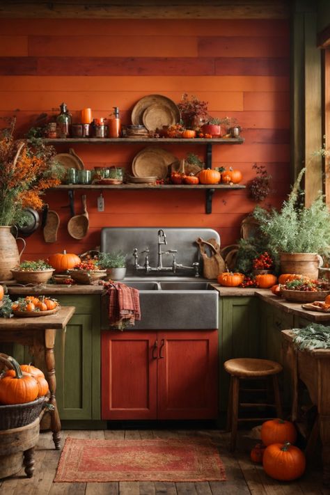 Dive into autumn in this cozy, rustic kitchen. The warm orange and soothing green hues blend seamlessly, creating a comforting backdrop. A variety of pumpkins nestle amidst lush foliage, adorning rustic tables and open shelves, which also host charming earthenware. The traditional farm sink and wooden framed window add a touch of nostalgia, while the soft daylight accentuates the serene, country-style decor. Autumnal House, Quaint Farmhouse, Rustic Country Kitchen Decor, Fall Interior Design, Farmhouse Thanksgiving, Thanksgiving Wall Art, Fall Cottage, Autumn Interior, Rustic Country Kitchens