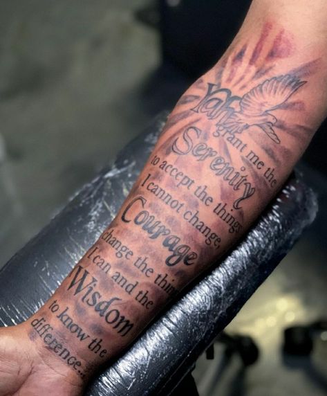 God Grant Me The Serenity Tattoo Forearm, Scripture Tattoos For Men Forearm, Inside Forearm Tattoo Men Sleeve, Back Of Forearm Tattoo Men, Forearm Tattoo Men Sleeve Clouds, Bible Verse Tattoos For Men, Rib Tats, Cloud Tattoo Sleeve, Arm Tattoos For Guys Forearm