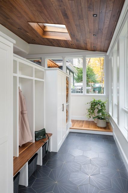 The 10 Most Popular Entryways So Far in 2020 Bright Mudroom, Mudroom Addition Exterior, Mud Room Addition, Mudroom Addition, Transitional Entry, Master Suite Addition, Mud Room Entry, Entryway Flooring, Mudroom Entryway