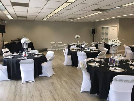 Black White And Silver Party Decorations, Black White Party, Event Decor Ideas, Gatsby Gala, Party Decorations Table, Sweet 16 Party Decorations, White Chair Covers, Silver Chargers, 95th Birthday