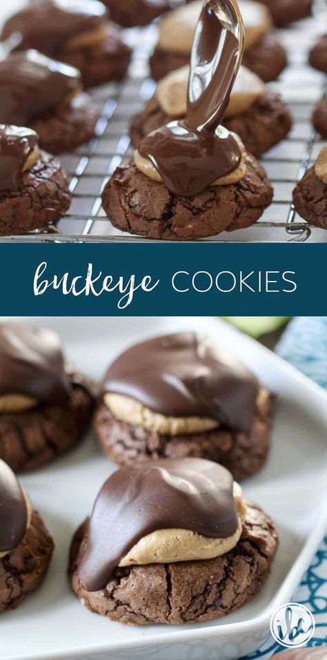 Buckeye Cookies Recipe, Chocolate Brownie Cookie, Peanut Balls, Buckeye Cookies, Brown Sugar Cookie Recipe, Holiday Baking List, Baking List, Christmas Cookie Recipe, Cookie Table