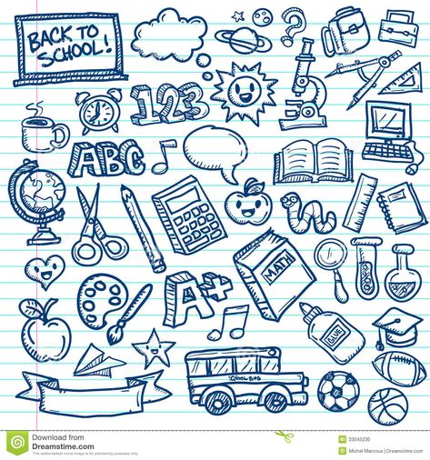 Set of vector freehand drawings of school icons on lined paper background. Back To School Doodles, School Doodles, School Vector, Studera Motivation, Yearbook Design, School Icon, School Memories, School Stickers, Cute Doodles Drawings