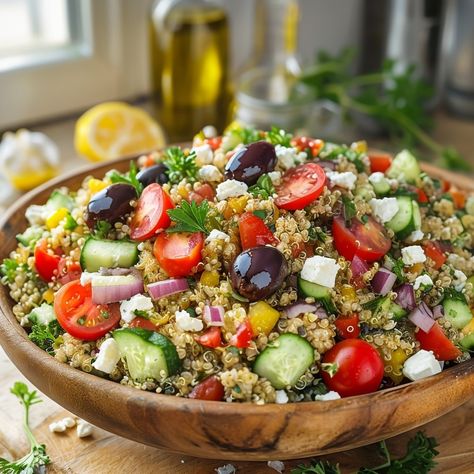 Mediterranean Quinoa Salad Recipe 🌿 Looking for a fresh and nutritious dish? Try this vibrant Mediterranean Quinoa Salad! Perfect as a side or a light meal. Here’s how to make it: Ingredients: 1 cup quinoa 2 cups water 1 cup cherry tomatoes, halved 1 cucumber, diced 1 bell pepper, diced 1/4 red onion, finely chopped 1/2 cup Kalamata olives, pitted and sliced 1/2 cup feta cheese, crumbled Fresh parsley, chopped Dressing: 1/4 cup olive oil Juice of 1 lemon Salt and pepper to taste Instructions:... Quinoa Salad Feta, Bowls Recipes, Mediterranean Quinoa, Quinoa Salad Recipe, Healthy Bowls Recipes, Mediterranean Quinoa Salad, Quinoa Salad Recipes, Healthy Bowls, Lemon Salt