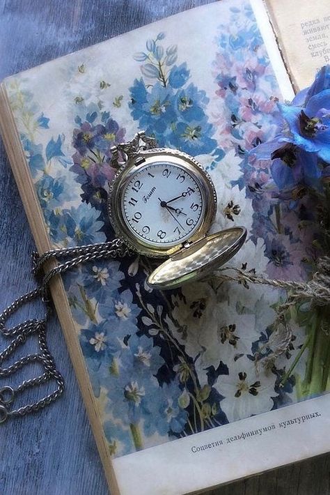 Pocket Watch, Clock, Purple, Flowers, Blue