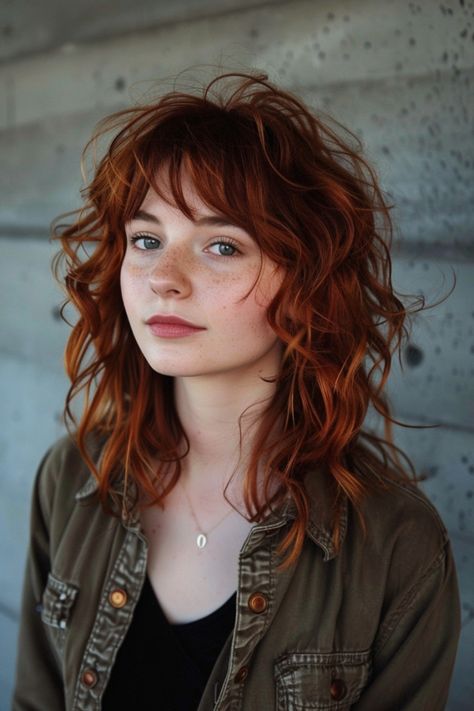 Red-haired woman with freckles looking at the camera against a blurred concrete wall background. Shoulder Length Curly Haircuts, Curly Hair Shag, Shoulder Length Curly Hairstyles, Shaggy Curly Hair, Toru Hagakure, Hair With Curls, Layered Curly Haircuts, Curly Hair Fringe, Curly Shag Haircut