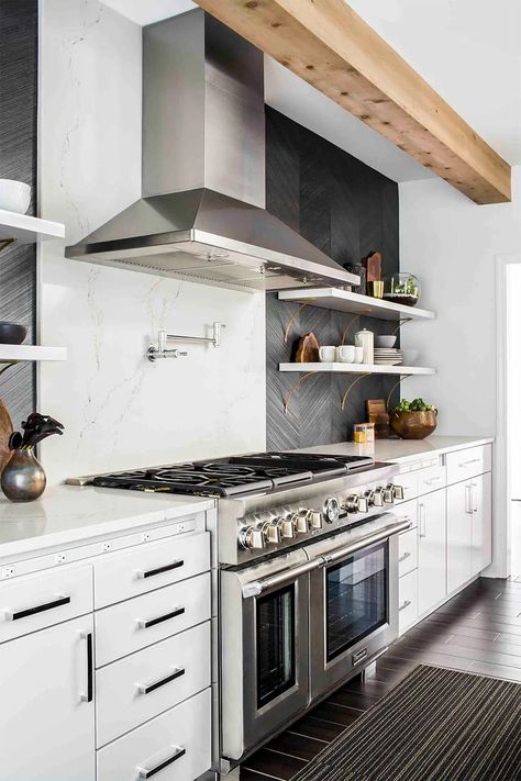 10 Kitchen Tile Ideas You’ll Want to Copy ASAP | Wayfair Black Stainless Steel Kitchen, Trendy Kitchen Tile, Серая Кухня, Kabinet Dapur, Vejle, Kitchen Stove, Rustic Contemporary, Kitchen Tile, Black Kitchens