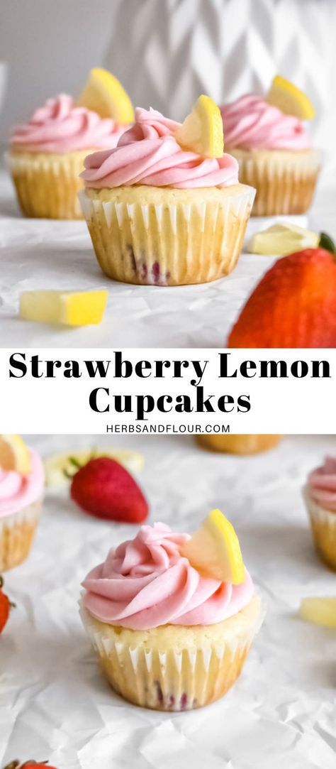 Strawberry Cupcakes With Lemon Frosting, Lemon Strawberry Cupcakes From Box Cake, Lemon Birthday Cupcakes, Strawberry Lemon Cupcakes Easy, Lemon And Strawberry Cupcakes, Lemon Berry Cupcakes, Fruity Birthday Desserts, Strawberry Lemon Desserts Easy, Strawberry And Lemon Desserts