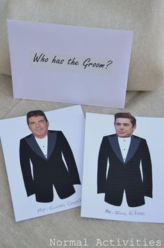 Taped to the bottom of each guest's chair was an envelope that said "who has the groom?"  Inside the envelopes was a print out of a tuxedo that had a picture of a celebrity male's head attached.  In one envelope, instead of a celebrity was the groom's head and the lucky person with that envelope won the door prize! Bridal Shower Games Funny Interactive, Who Has The Groom, Couple Disney, Shower Diy, Wedding Shower Games, Main Squeeze, Bachelorette Party Games, Married Couples, Wedding Games