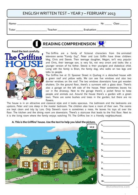 THE GRIFFINS' HOUSE - a 4page test - English ESL Worksheets for distance learning and physical classrooms Place Vocabulary, Grammar Prepositions, In On At, Esl Reading, Teacher Evaluation, Esl Teaching Resources, Reading Comprehension Lessons, English Worksheet, English Exercises