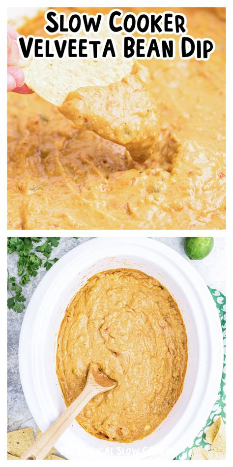 If you've been looking for a way to make a tasty cheese dip but minus the sausage and beef, this Slow Cooker Velveeta Bean Dip is the perfect recipe to try. Refried beans are mixed with melted Velveeta cheese and combined with the flavors of taco seasoning, fire-roasted green chiles, and salsa. This delicious bean dip is sure to be enjoyed by all! Velvetta Cheese Dip, Queso Dip Velveeta, Queso Dip Crockpot, Crockpot Refried Beans, Bean Cheese Dip, Recipes With Velveeta Cheese, Cheese Dip Crock Pot, Crock Pot Queso, Sausage Cheese Dip