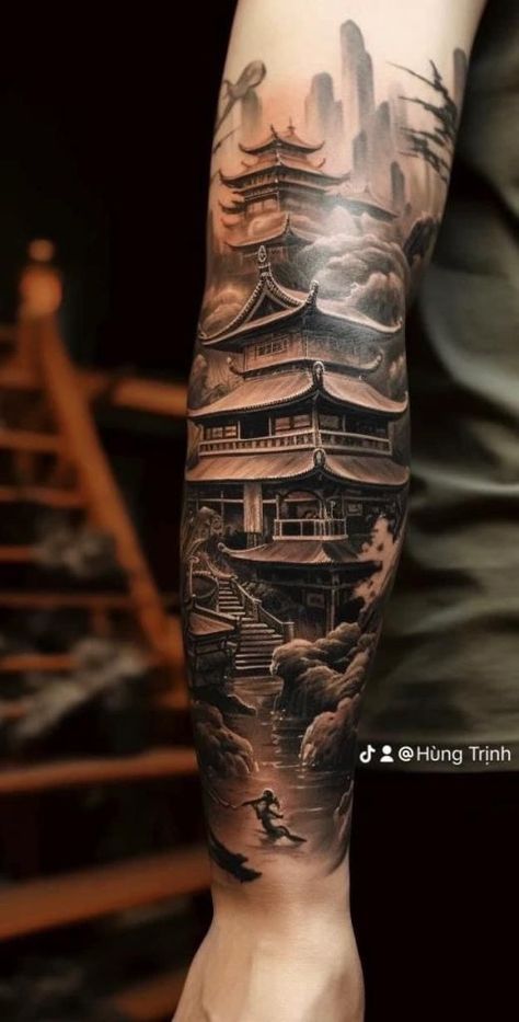 Beautiful Temple Quotes Japanese House Tattoo Design, Japanese House Tattoo, Japanese Temple Tattoo, Samurai Tattoo Sleeve, Japanese Leg Tattoo, Temple Tattoo, Samurai Tattoo Design, Buddha Tattoos, Geisha Tattoo