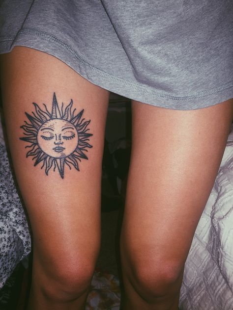 Hippie Thigh Tattoo, Sun Thigh Tattoos Women, Sun Tattoo On Thigh, Sun Thigh Tattoo, Sun Leg Tattoo, Sun Tattoo Thigh, Upper Leg Tattoos For Women Thigh Tat, Hippie Sun Tattoo, Sun Tattoos For Women