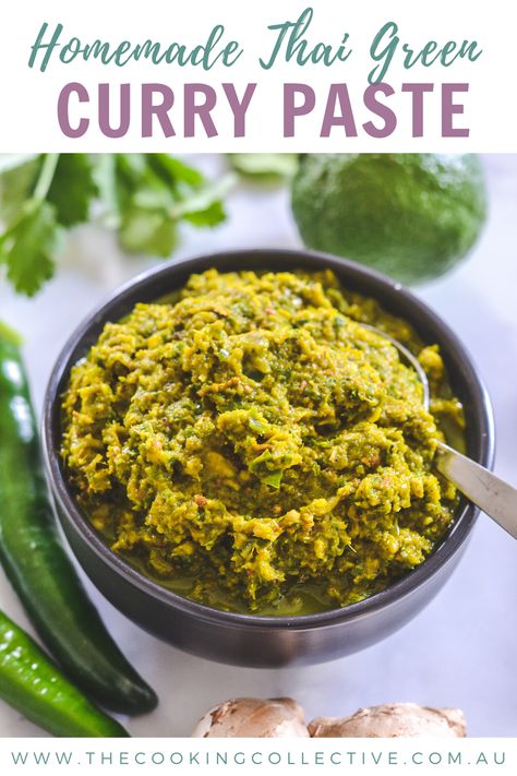 Homemade Thai green curry paste from scratch is so easy to make and is much healthier and fresher than store-bought pastes! Try it in my homemade creamy coconut chicken curry, or add this punchy bright green paste to your favourite meats, seafood, soups, noodles, stir fries and more. This recipe makes enough for 4-6 curries, so you can cook with it right away AND save some in the fridge or freezer for add as required! Thai Green Curry Paste Authentic, Homemade Green Curry Paste, Thai Green Curry Paste Recipe, Spicy Green Curry, Thai Curry Green, Curry Paste Recipe Easy, Thai Paste Recipe, Thai Curry Paste Recipe, Easy Green Curry