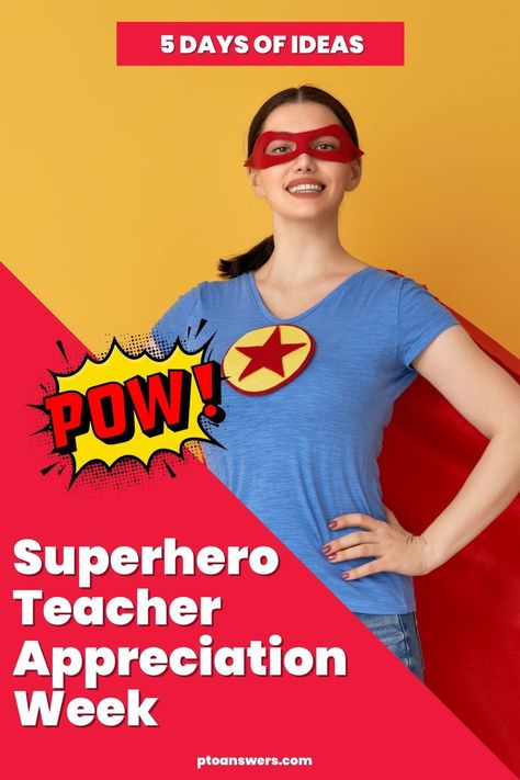 Treat your teachers and school staff like the amazing super heroes they are with a week long celebration in super hero style! Read this post fro amazing ideas to treat your school staff to a week long appreciation extravaganza that they'll love. Perfect for PTO PTA PTSO PTSA Appreciation Chairs who need to spark their creative juices for the end of the year of appreciation week. Menu ideas, teacher, principal and school staff gift ideas, activities and event decoration ideas to wow everyone. Staff Gift Ideas, Superhero Teacher Appreciation, Appreciation Week Ideas, Principals Day, Superhero Teacher, Staff Appreciation Week, Super Hero Theme, Staff Gifts, End Of School Year