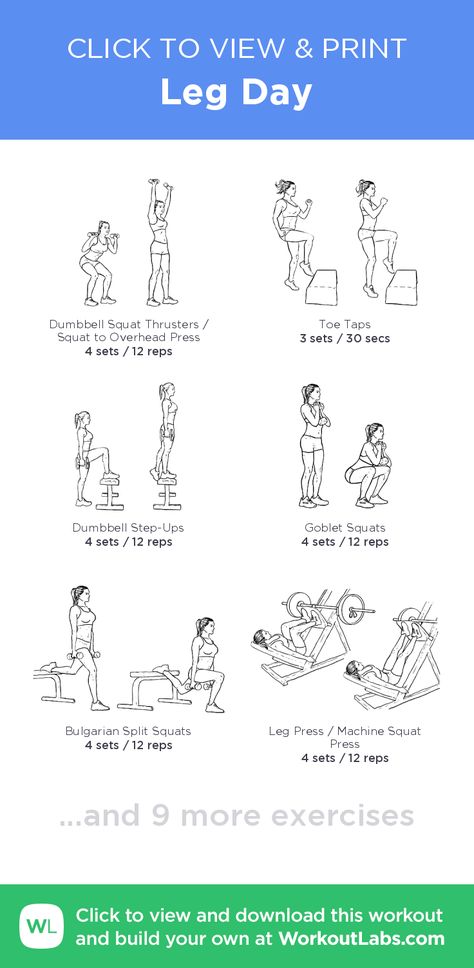 Leg Day – click to view and print this illustrated exercise plan created with #WorkoutLabsFit Leg Day Workout At The Gym, 3 Day Workout, Gym Program, Workout Labs, Leg Day Workout, Gym For Beginners, Workout Gym Routine, Girls Work, Leg Press Machine