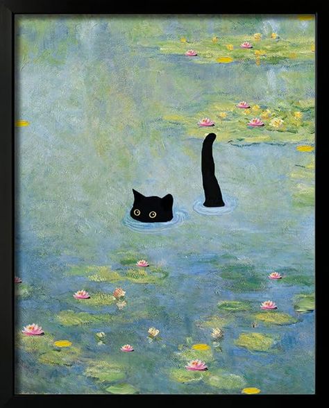 PRICES MAY VARY. 【Ready to Hang】This framed cat poster comes with everything you need to hang it up as soon as it arrives – no complicated assembly or extra tools required, this vintage wall art cat picture is best choice for adding a funny touch to any room for cat decorations. 【Perfect Small Size】At 8''x10'' inches, this monet wall art is the ideal size for adding some character to small spaces like corners, hallways or bathrooms. this vintage posters is perfect choice of kid's room, guarantee Cat In Water, Cat Swimming, Funny Cats In Water, Monet Prints, Lily Cat, Bathroom Wall Decor Art, Living Room Size, Cat Poster, Prints Vintage