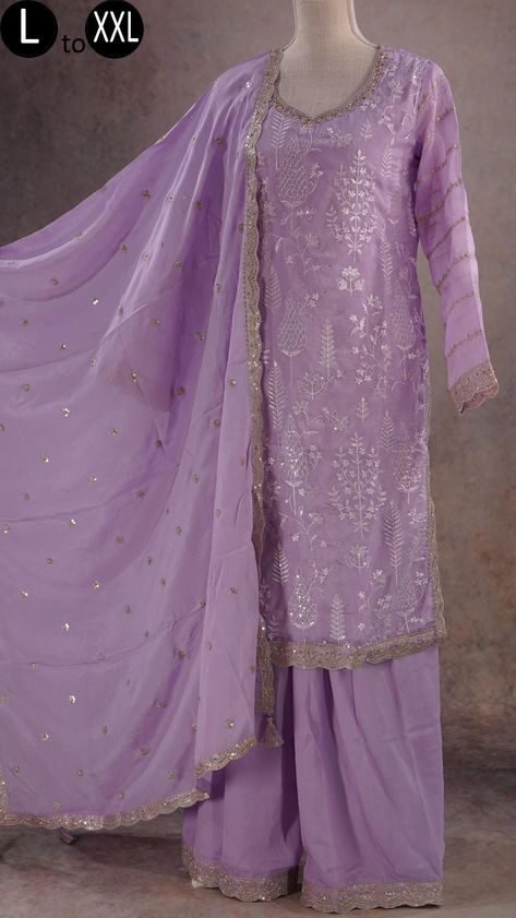 Lavender Purple Embroidered Shararaa Kurti Palazzo Dupatta set Indian Formal Women Party Designer Kurthi | Gararaa Party set | Divider Skirt Organza Kurti, Sharara Designs, Sharara Pants, Formal Women, Kurti Palazzo, Yellow Birthday, Embroidered Hem, Dupatta Set, Thread Embroidery