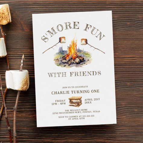 Smore Fun Cute Campfire Camping Kids Birthday Invitation - kids birthday Party Smore Party, Campfire Birthday, Camping Birthday Invitations, Camping Invitations, Campfire Party, Camping Kids, Pink And Gold Birthday, Pink And Gold Birthday Party, 92nd Birthday