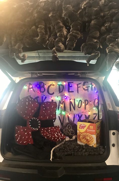 Stranger Things Truck Or Treat, Trunk Or Treat Ideas Stranger Things, How To Make A Demogorgon, It Trunk Or Treat, Trunk Or Treat Stranger Things, Stranger Things Trunk Or Treat Ideas, Stranger Things Door Decorations, Stranger Things Trunk Or Treat, Downtown Halloween