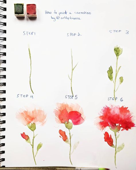 ❤️ Sharing a little step by step for you today since lots of you have been requesting tutorials! Here's how to paint a carnation the way I… Hur Man Ritar Blommor, Flower Drawing Tutorials, Step By Step Watercolor, Watercolor Flowers Tutorial, Watercolor Tips, Drawing Faces, Watercolor Painting Techniques, 수채화 그림, Watercolor Paintings Tutorials