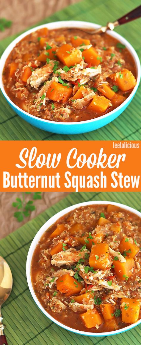 Slow Cooker Butternut Squash Chicken Quinoa Stew - This hearty, healthy stew is… Cheap Lunches, Butternut Squash Chicken, Quinoa Stew, Slow Cooker Butternut Squash, Squash Stew, Butternut Squash Stew, Stew Crockpot, Healthy Stew, Chicken And Butternut Squash