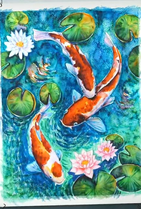 Painting Of Fish In Water, Painting Coy Fish, Koi Fish Watercolor Paintings, Koy Fish Paintings, Koi Fish Painting Watercolors, Koi Fish Pond Drawing, Drawing Koi Fish, Koi Pond Painting, Koi Pond Art