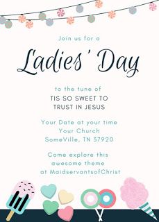 Tis So Sweet To Trust in Jesus - FREE Ladies' Day Ladies' Retreat Themes from MaidservantsofChrist #LadiesDay #MaidservantsOfChrist #FaithBlog Ladies Day Ideas Church, Christian Ladies Night Ideas, Church Ladies Meeting Ideas, Ladies Meeting Themes, Ideas For Ladies Fellowship, Ladies Conference Themes, Ladies Night Ideas Decorations, Women Ministry Ideas Events Ladies Night, Ladies Fellowship Ideas