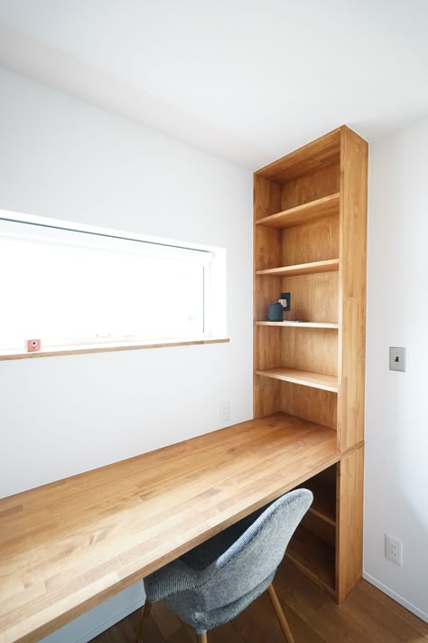 Desk Integrated Bookshelf, Long Window Desk, Micro Home Office, Floating Desk Under Window, Built In Desk By Window, Desk With Shelves On Side, Built In Workspace, Above Garage Office Ideas, Standing Desk Built In