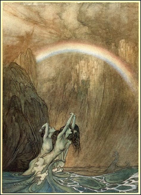 Bifrost by Arthur Rackham Edmund Dulac, 동화 삽화, Rainbow Mermaid, Water Spirit, Richard Wagner, Arthur Rackham, Fairytale Illustration, Vintage Fairies, Art Et Illustration