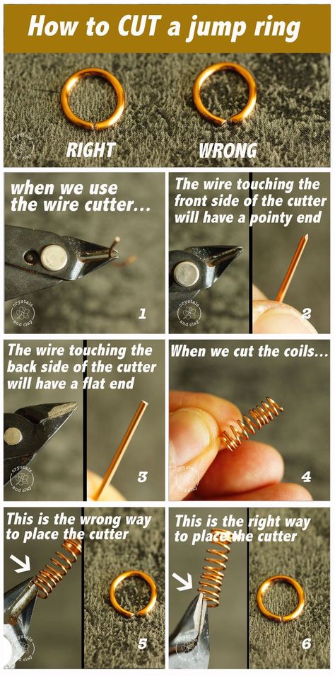 When making jump rings, you want to make sure they can close properly. Therefore, you need to pay attention to the position of the wire cutter. This mini tutorial shows you how to cut a jump ring so you'll get two flat ends. Jewelry Diy Tutorials, Diy Rings Tutorial, Natural Stones Jewelry, Diy Wire Wrapped Rings, Jewelry Tutorials Free, Diy Wire Jewelry Rings, Jump Ring Jewelry, Wire Jewelry Rings, Mini Tutorial