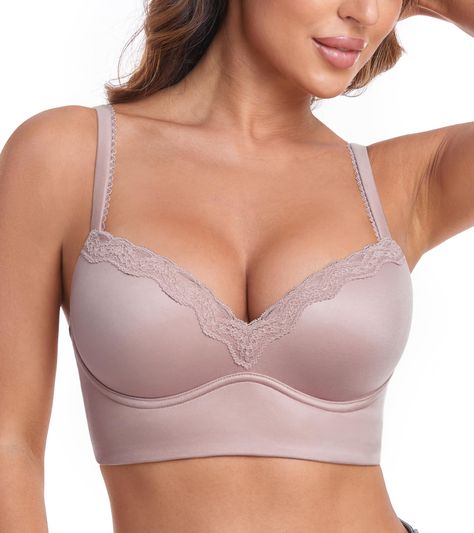 PRICES MAY VARY. Plunge Bra: Push up pads with deep v neckline design, show sexy cleavage and create a round shape. Seamless under clothes. Perfect for plunge crop tops and dress. Push Up: Padded cup with wide longline band, uplift chest without underwire, enhance breast stability. Add 1 cup size! Smooth All Around: Elastic high side wing and back band, smooth out side and back fat, for a no bulge look. Convertible Strap: Adjustable Straps with snaps, convert from traditional to crisscross weari Longline Bras, Back Fat, Push Up Pads, Neckline Designs, Longline Bra, Everyday Bra, Plunge Bra, Cup Size, Design Show