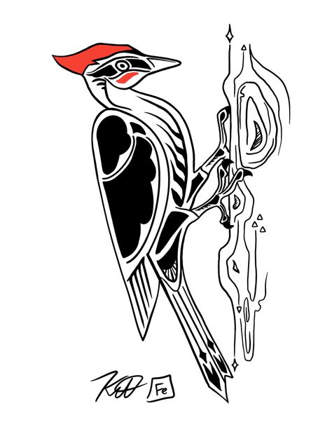 A black and white digital illustration of a pileated woodpecker Native American Woodpecker, Pileated Woodpecker Tattoo, Woodpecker Tattoo, Om Trishul Tattoo, Native Drawings, Soft Tattoo, Jerry Tattoo, Trishul Tattoo, Native Beading