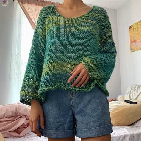 Basic Open Knit by Artbykaraleez on Insta :) Basic Open Knit Sweater, Open Knit Sweaters, Tomboy Femme, Yarn Balls, Green Knit Sweater, Knit Ideas, Open Neck, Open Knit Sweater, Yarn Ball