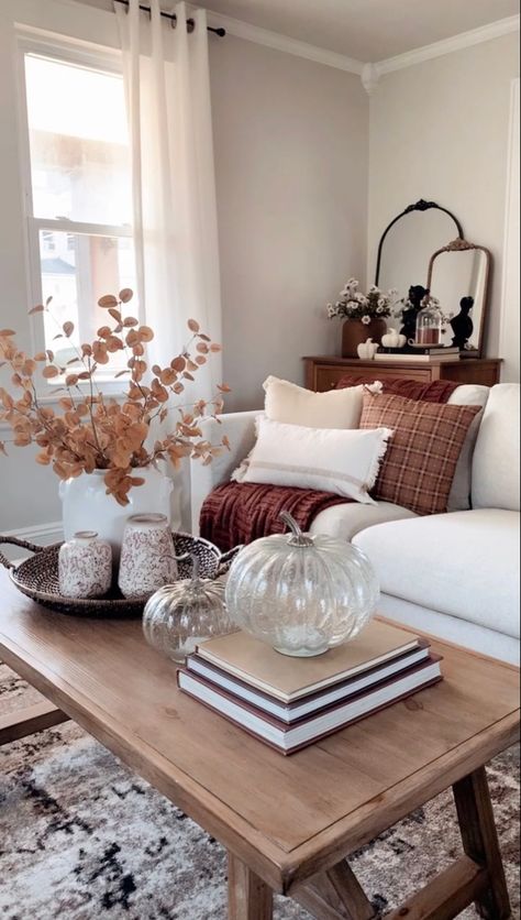 Cozy fall decor, cottage living room, neutral fall decor, english cottage, farmhouse living room, farmhouse fall decor, moody fall decor, fall living room, fall styling, home decor, fall coffee table decor Fall Living Room Decor 2024, Neutral Fall Living Room Decor, Halloween Decor Living Room Cozy, Fall Decor On Tv Stand, Fall Decor Apartment, Fall Decor Living Room Cozy, Living Room Halloween Decor, Fall Living Room Ideas, Fall Coffee Table Decor