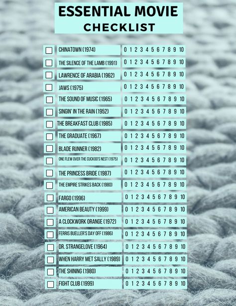 Coming soon, we will have an awesome new printable set to make watching these 100 iconic movies an adventure! Till then, for a limited time, this free printable movie checklist is available for your downloading pleasure.  #printable #freebies # #movie list #movies to watch #movie recommendations #best films of all time #checklists #movie ratings #movie checklist #100 best movies #movie date #date ideas #movie rating sheet #pdf printable #best movies Movie Checklist, Movie Organization, The Graduate 1967, Netflix Suggestions, Movie Tracker, Perfect Movie Night, 1980s Tv Shows, Film Watch, Lawrence Of Arabia