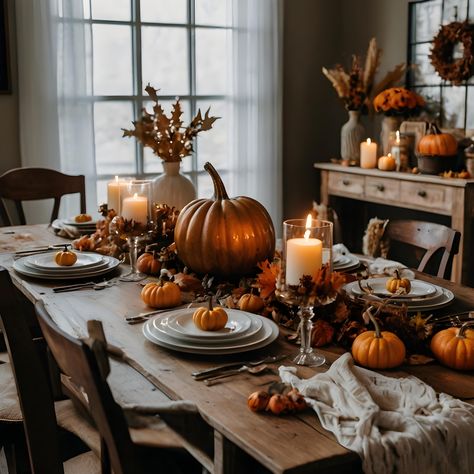 Create this Rustic style Tablescape decor on the fall theme by adding some pumpkins and fall leaves and enjoy with loved ones  #tablescape #tabledecor #homedecor #rustic #aesthetic #trending #pumpkin #plates #kitchentable #dining #diningroomideas #fall #autumn #halloween Dinner Party Vibes, Pumpkin Plates, Rustic Tablescape, Pumpkin Tablescape, Fall House Decor, Fall Feast, Decorative Bowls And Plates, Fall House, Furniture Board