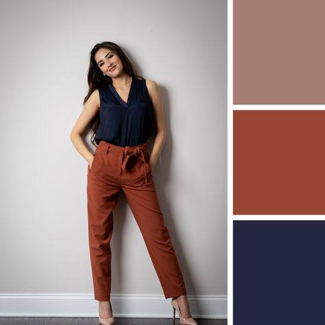 Cinnamon Color Pants Outfit, Tan Pants Navy Top Outfit, Rust And Navy Outfit, Cinnamon Pants Outfit, Cinnamon Outfit, Copper Outfit, Navy Blue Blouse Outfit, Cotton Pants Outfit, Blue Blouse Outfit