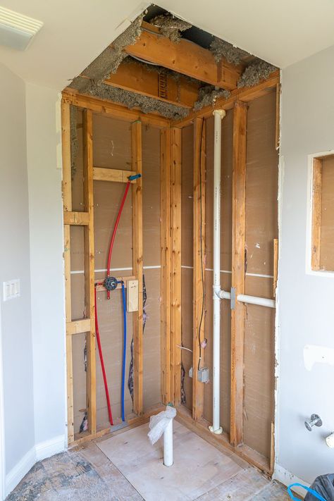 Guest Bathroom Renovation: Plumbing Rough-In and Floor Leveling Bathroom Plumbing Rough In, Plumbing Ideas, Floor Leveling, Plumbing Rough In, Guest Bathroom Renovation, Shower Plumbing, Pony Wall, Shower Installation, Shower Floor Tile