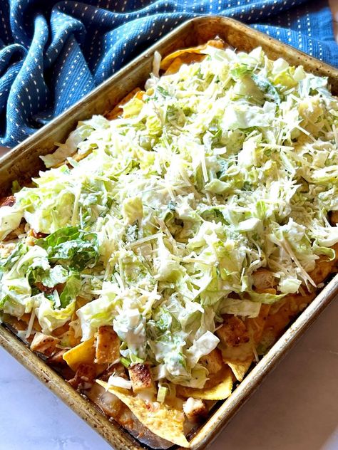 Viral Chicken Caesar Salad Nachos Recipe - The Menu Maid Salad Nachos, Baked Nachos, Baked Tortilla Chips, Chicken Apple Sausage, Pre Cooked Chicken, Chicken Enchilada Casserole, Chicken Caesar, Chicken Caesar Salad, Chicken Nachos