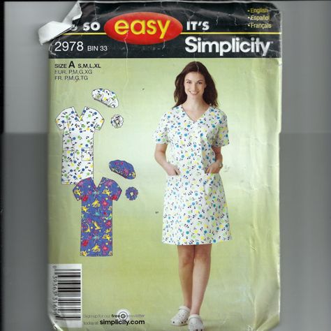 simplicity 2978 Scrub Dress, Scrubs Dress, Pattern Sheets, Bouffant Scrub Hat, Hat Hair, Dress Hat, Short Bob Haircuts, Miss Dress, Simplicity Sewing