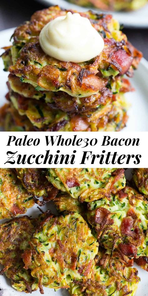 These savory bacon zucchini fritters are easy to make, packed with veggies and downright addicting!  They're delicious served as a side dish or appetizer with homemade ranch dip.  These healthy fritters are also paleo, Whole30 friendly, gluten free and dairy free. #paleo #whole30 #lowcarb #keto #zucchini Zucchini Fritters Paleo, Healthy Fritters, Bacon Zucchini, Paleo Running Momma, Savory Bacon, Homemade Ranch Dip, Keto Zucchini, Paleo Sides, Zucchini Fritters