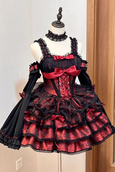 Fabric: Polyester Color: Black/Red Sleeve Length: Sleeveless Feature: Multi-layer, Ruffle, Bowknot, Lace-Up Style: Gothic, Princess Clothing Type: Dress Include: Dress*1 (Any of the accessory is not included.) Size (IN) Bust Waist Length Hem Width S 33.46 25.98 30.71 98.43 M 35.04 27.56 31.10 100.00 L 36.61 29.13 31.50 101.57 XL 38.19 30.71 31.89 103.15 Size (CM) Bust Waist Length Hem Width S 85 66 78 250 M 89 70 79 254 L 93 74 80 258 XL 97 78 81 262 Red Princess Dress, Princess Clothing, Lizzie Hearts, Gothic Princess, Red Clothing, Dark Red Dresses, Puffy Skirt, Style Gothic, Y2k Dress