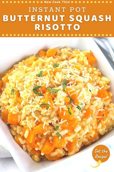 This super easy butternut squash risotto made in the Instant Pot is creamy and flavorful with perfectly-cooked rice every time. And the best part? It's mostly hands-off, which means there's no standing at the stove constantly adding stock and stirring. With hints of thyme, sage and nutmeg, it's a perfect side dish, first course or meatless main dish for fall! Get the recipe and try it! Butternut Squash Rice, Instant Pot Butternut Squash, Butternut Recipes, Easy Butternut Squash, Barley Risotto, Squash Risotto, Squash Varieties, Butternut Squash Risotto, Meatless Main Dishes