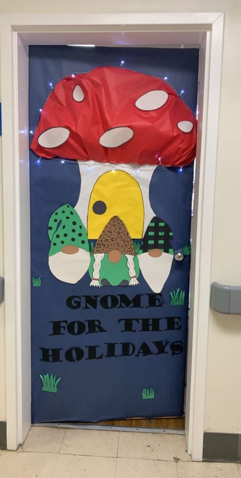 Gnome Door Ideas For Classroom, Art Room Christmas Door, Gnome Door Decorating Contest, Gnome Christmas Door Decorating Contest, Christmas Gnome Door Decoration, Gnome Classroom Door Decoration, Gnome Door Decoration School, Gnome Classroom Door, Gnome Bulletin Board Ideas