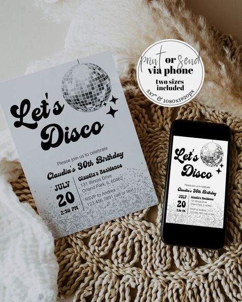 Disco Themed 60th Birthday Party, 30th Disco Party, Birthday Party Disco Theme, 70s Party Invitations, Disco 30th Birthday Party, 70s Disco Birthday Party, Disco Invitations, Disco Theme Birthday Party, Disco Birthday Party Ideas