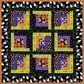 Free Patterns | Benartex Halloween Log Cabin Quilt, Halloween Quilt Blocks Free Pattern, Halloween Quilt Patterns Free, Halloween Quilts Ideas Free Pattern, Halloween Fabric Crafts, Quilt Crafts, Halloween Quilt Patterns, Modern Quilt Blocks, Halloween Quilt