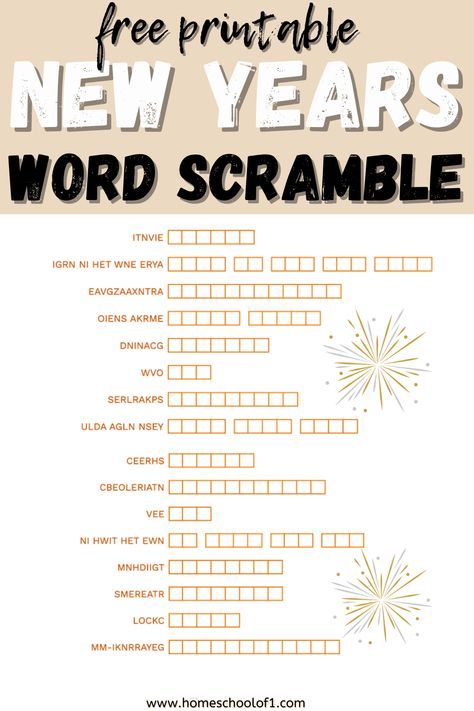 If you are looking for fun activities for New Year, these 8 printable word scramble with answers are a perfect activity. We enjoy doing these as a fun homeschool activity, so print them out and have fun with these 8 different word scramble with answers. Word Scramble With Answers, New Year Words, Kids New Years Eve, New Year's Eve Activities, New Years Eve Day, Homeschool Activity, Scramble Words, New Year's Games, New Years Activities