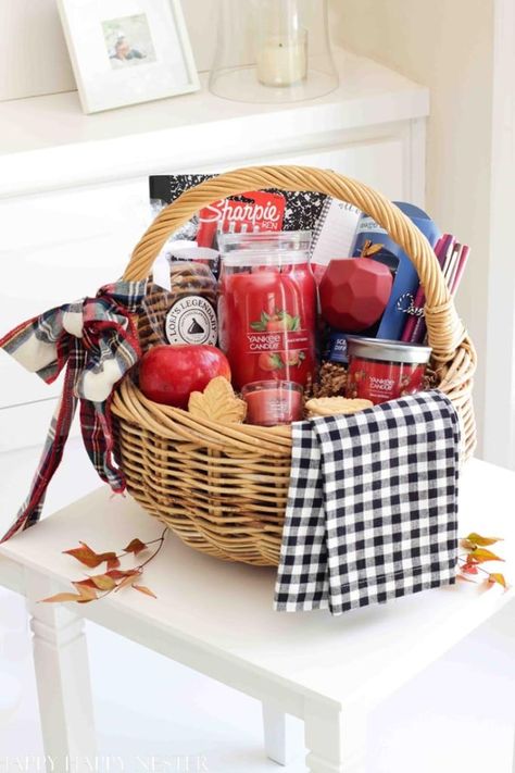 teacher gift basket ideas Candles Gift Baskets, Gift Basket Ideas Teacher, Teacher Gift Basket Ideas, Fall Basket Ideas, Teacher Gift Basket, Auction Gift Basket Ideas, School Fall Festival, Teacher Candle Gift, Basket Gift Ideas